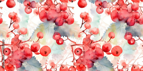 Watercolor seamless pattern with wild berries and currants, twigs and leaves. Floral drawn background for design, fabric, paper, wallpaper, packaging. Generative AI