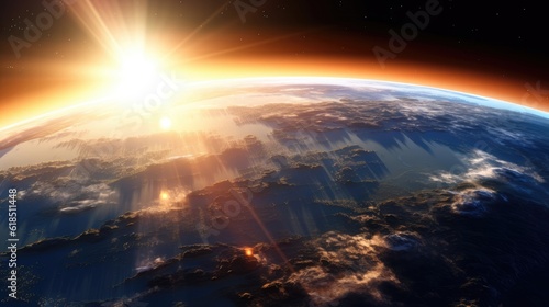 3D Planet Earth, Space Dawn, Sunrise, Wallpaper, Poster, Background, Backdrop. GOOD MORNING DAWN! Illustration of a sunrise outside the Earth. 16:9 FORMAT. Generative AI