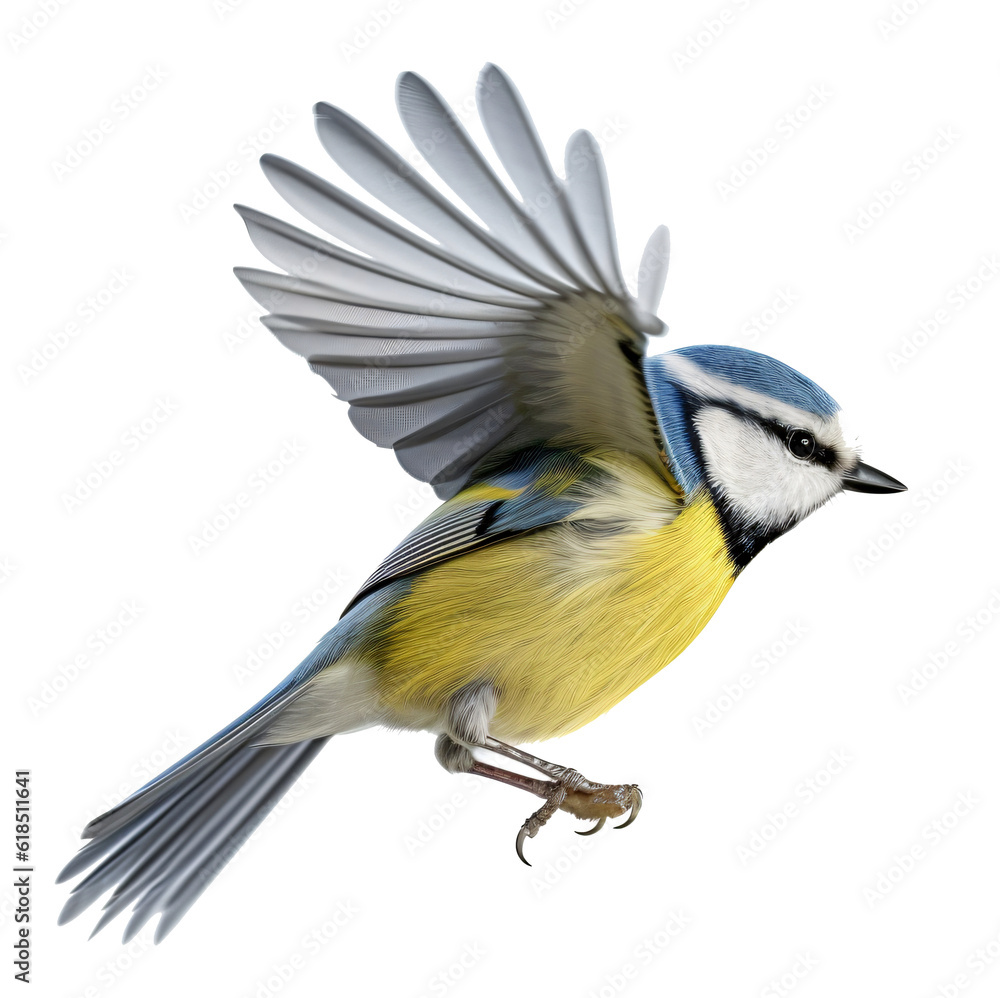 Naklejka premium Flying common great tit isolated on the transparent background PNG. AI generative. 