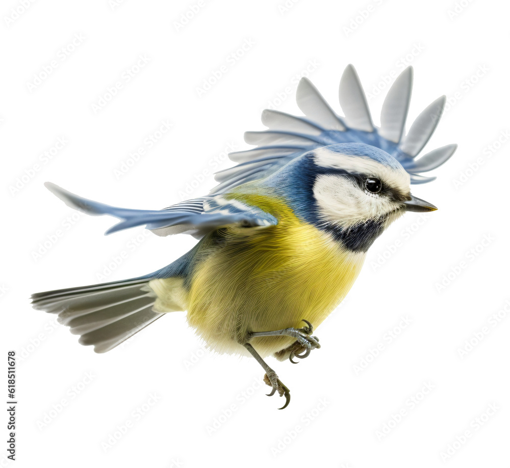 Obraz premium Flying common great tit isolated on the transparent background PNG. AI generative. 