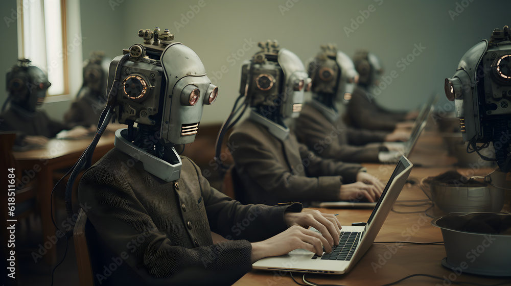 Obraz premium Humanoid robots working in the office at the computer. Generative AI