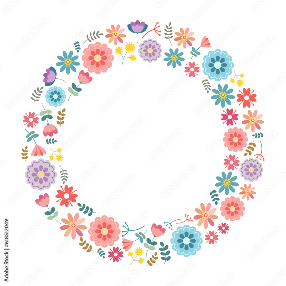 Vector floral wreath. Flower illustration in flat style. Round frame, trendy print, sticker, emblem, sublimation