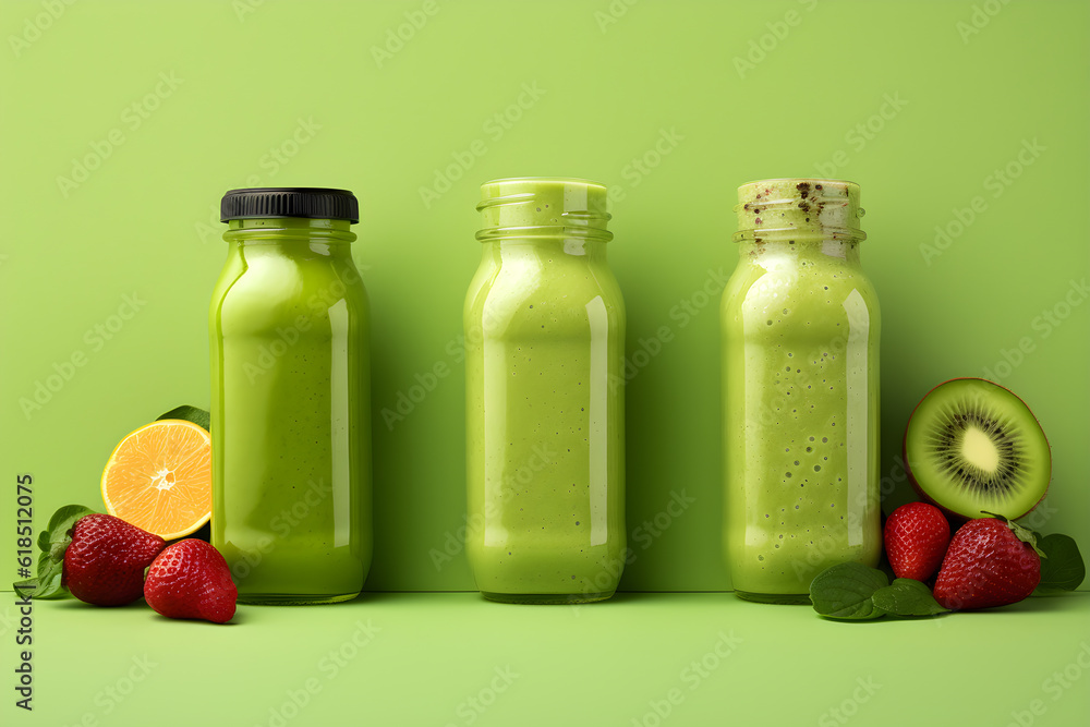 Several transparent bottles with healthy drinks - vegetable and fruit smoothies with berries, on seamless mint green background . Generative AI technology Several transparent bottles with healthy drinks - vegetable and fruit smoothies with berries, on seamless mint green background . Generative AI technology