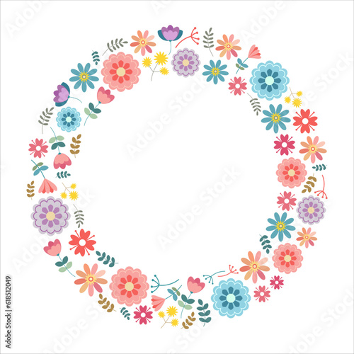 Vector floral wreath. Flower illustration in flat style. Round frame, trendy print, sticker, emblem, sublimation