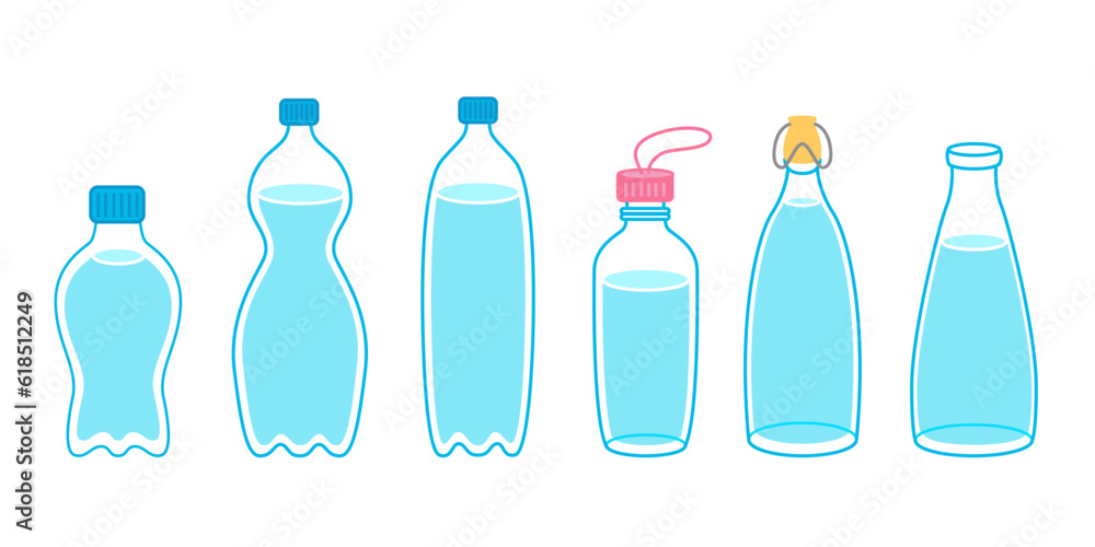 Cartoon water bottles plastic and glass. Sports and glass bottle and glasses with liquids. Vector set. Stay hydrated. Cartoon water bottles plastic and glass. Sports and glass bottle and glasses with liquids. Vector set. Stay hydrated.