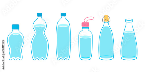 Cartoon water bottles plastic and glass. Sports and glass bottle and glasses with liquids. Vector set. Stay hydrated. 