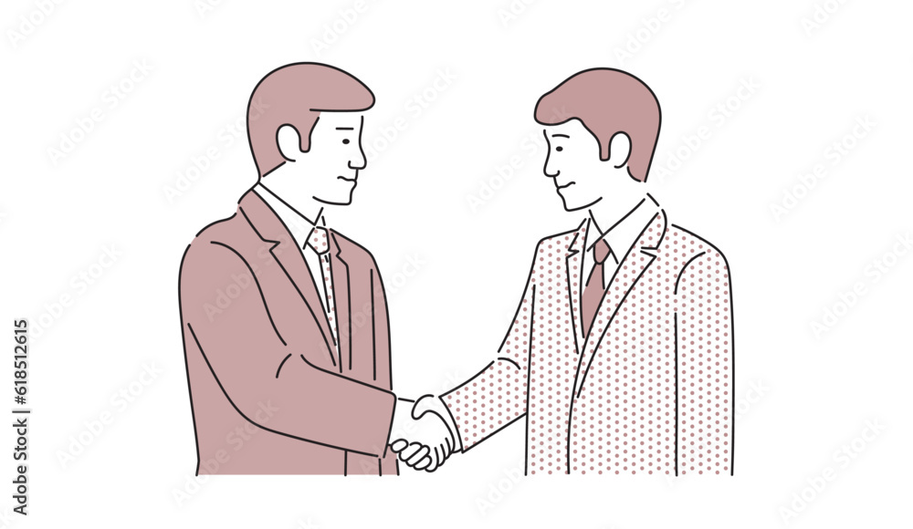 A business person shaking hands with a business partner. The Illustration material of a business professional engaging in a handshake with a valued trading partner. 握手をするビジネスパーソンのイラスト素材 A business person shaking hands with a business partner. The Illustration material of a business professional engaging in a handshake with a valued trading partner. 握手をするビジネスパーソンのイラスト素材