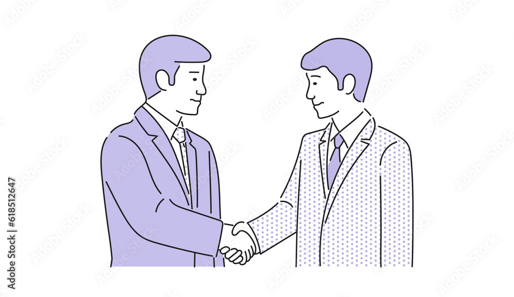 A business person shaking hands with a business partner. The Illustration material of a business professional engaging in a handshake with a valued trading partner. 握手をするビジネスパーソンのイラスト素材 A business person shaking hands with a business partner. The Illustration material of a business professional engaging in a handshake with a valued trading partner. 握手をするビジネスパーソンのイラスト素材