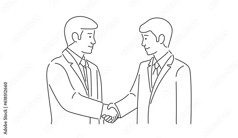 A business person shaking hands with a business partner. The Illustration material of a business professional engaging in a handshake with a valued trading partner. 握手をするビジネスパーソンのイラスト素材