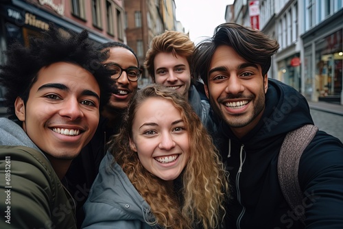 group of happy young teenage smile and laughing taking photo together, Generative Ai