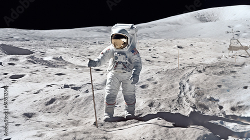 Astronaut, person and moon surface exploration for solar system, universe or planet landing. Ai generated, spaceman and safety suit on lunar discovery, space mission and science navigation background