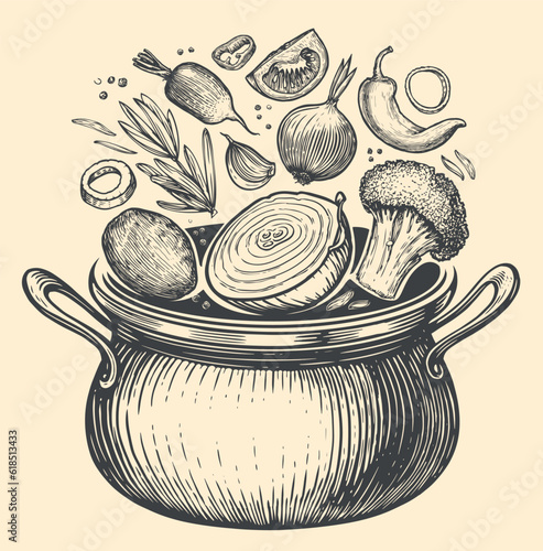 Pot with fresh vegetables. Healthy eating, vegetarian food and proper diet. Cooking pan, saucepan vector illustration