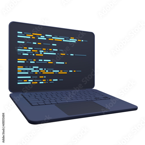 3d laptop and program code development. Web coding concept. Coding screen 3d rendering. 3d rendering of laptop. 3d render illustration