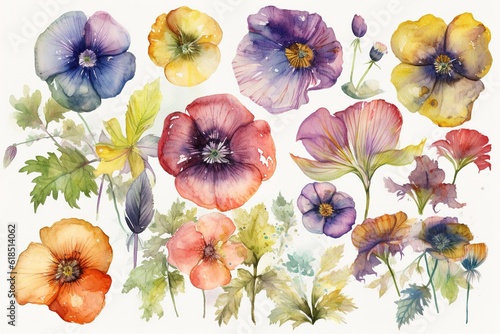 watercolor flowers isolated on white background. Generated by AI.