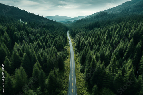 Road leading through lush pine tree green forest, aerial drone view landscape © Artofinnovation