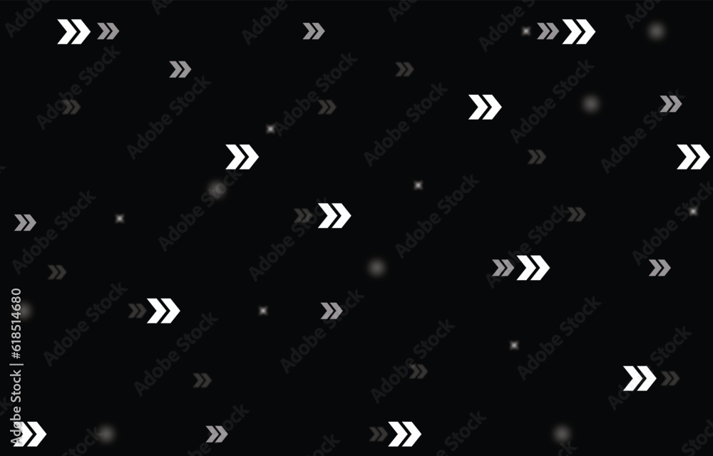 background pattern of evenly spaced white double arrow symbols of different sizes and opacity. Vector illustration on black background with stars background pattern of evenly spaced white double arrow symbols of different sizes and opacity. Vector illustration on black background with stars