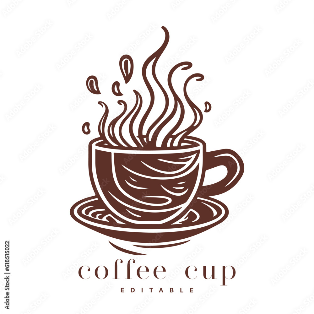 Obraz premium Coffee shop logo template, natural abstract coffee cup with steam, coffee house emblem, creative cafe logotype, modern trendy symbol design vector illustration isolated on white background sign.