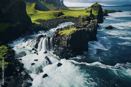 Iceland highlands aerial drone view landscape with mountains, rivers and waterfalls photo