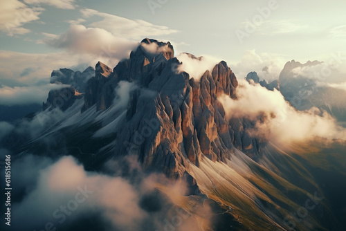 Drone aerial view landscape of mountain peaks in the dolomites Italy