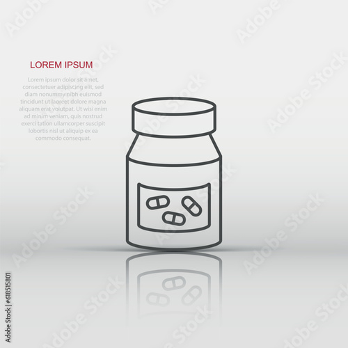 Pill bottle icon in flat style. Drugs vector illustration on white isolated background. Pharmacy business concept.