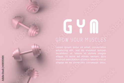 Banner with barbells dumbbells fitness realistic three-dimensional composition on pink background, crossfit logo