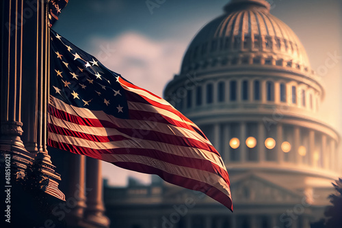 Tela illustration of White house Washington DC Capitol dome detail with waving american flag