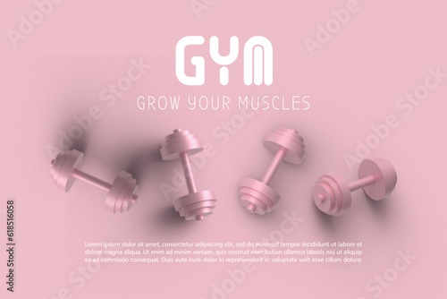 Banner with barbells dumbbells fitness realistic three-dimensional composition on pink background, crossfit logo