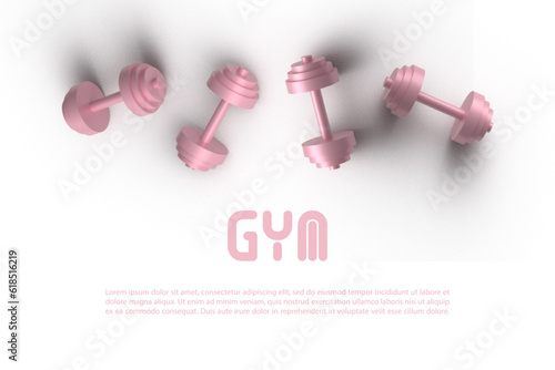 Banner with barbells dumbbells fitness realistic three-dimensional composition on pink background, crossfit logo