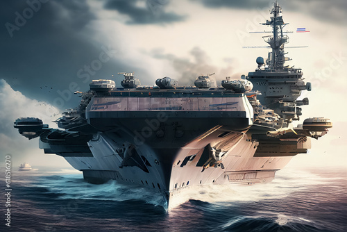 Tableau sur toile illustration of American battleship in ocean Global communications