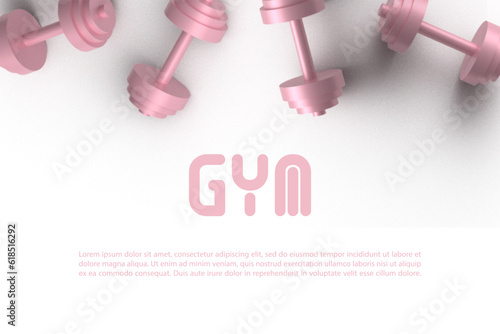 Banner with barbells dumbbells fitness realistic three-dimensional composition on pink background, crossfit logo