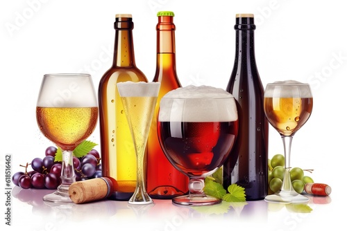 beer and wine isolated on white background. Generated by AI