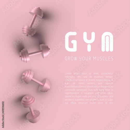 Banner with barbells dumbbells fitness realistic three-dimensional composition on pink background, crossfit logo