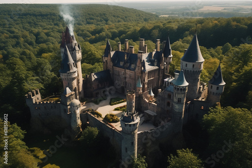 Aerial drone view of ancient castle in nature landscape photo