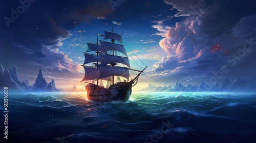 Fotografia art illustration of big ancient pirate ship sailing on rough sea, Generative Ai