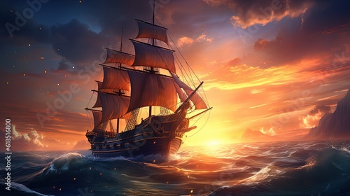 art illustration of big ancient pirate ship sailing on rough sea, Generative Ai 