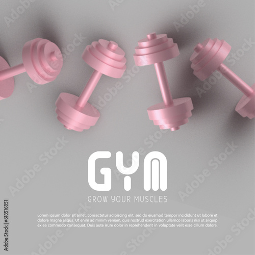 Banner with barbells dumbbells fitness realistic three-dimensional composition on pink background, crossfit logo