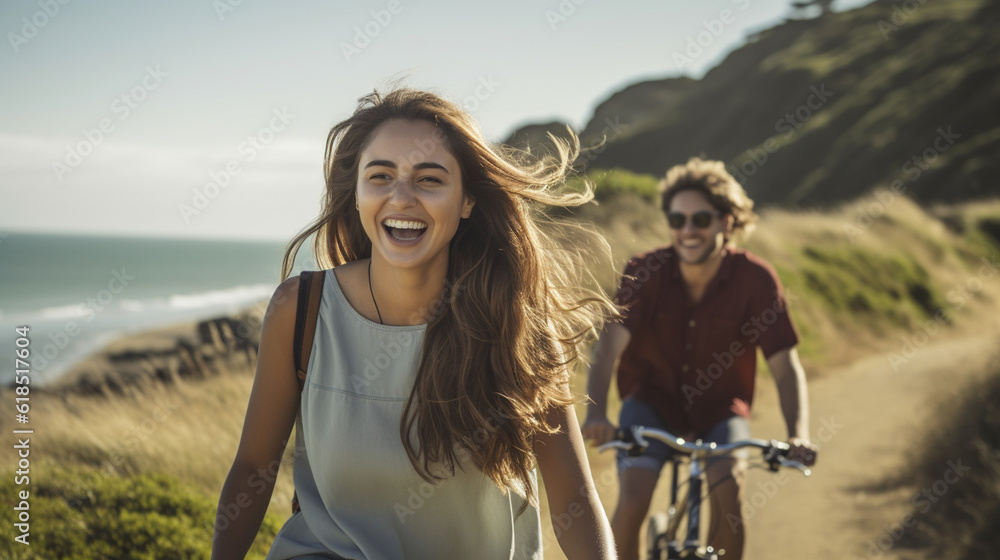 Friends enjoying a bike ride along a scenic coastal path, relishing the freedom and connection that friendship brings Generative AI
