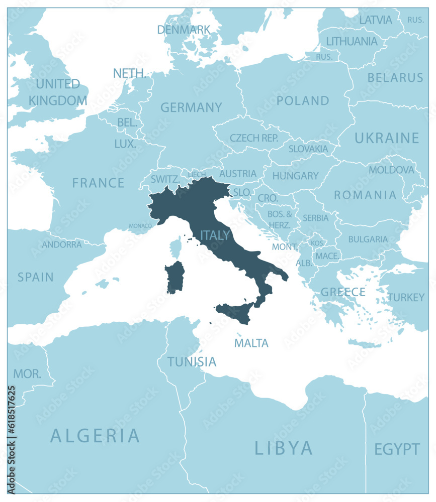 Italy - blue map with neighboring countries and names.