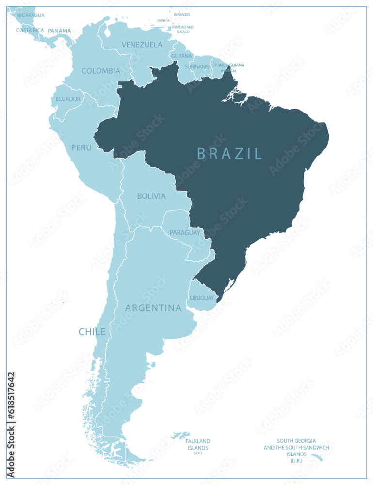 Brazil - blue map with neighboring countries and names.