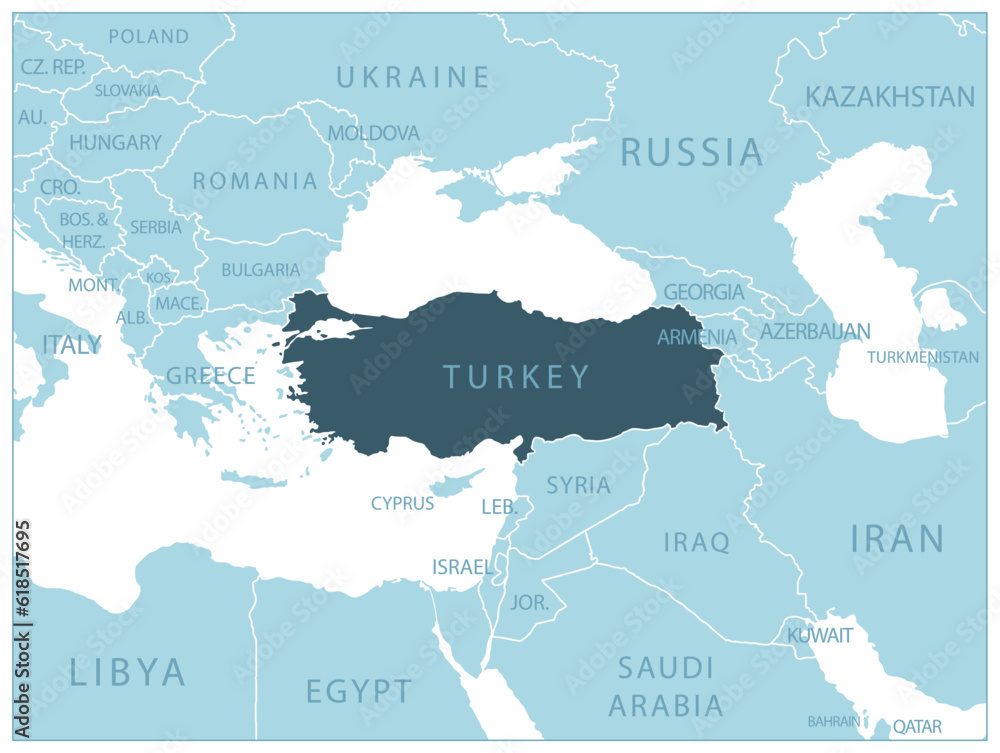 Obraz premium Turkey - blue map with neighboring countries and names.