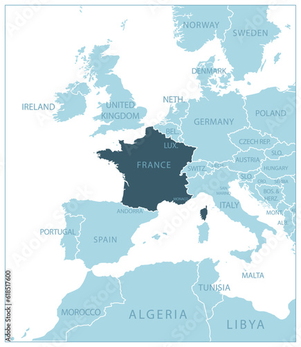 France - blue map with neighboring countries and names.