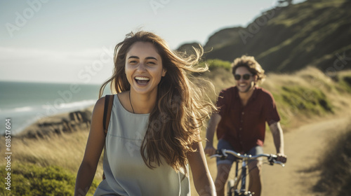 Friends enjoying a bike ride along a scenic coastal path, relishing the freedom and connection that friendship brings Generative AI © Наталья Евтехова