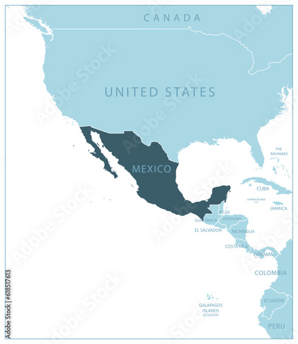 Mexico - blue map with neighboring countries and names.