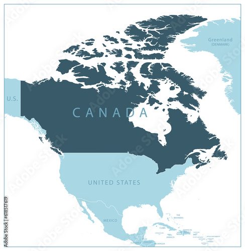 Canada - blue map with neighboring countries and names.