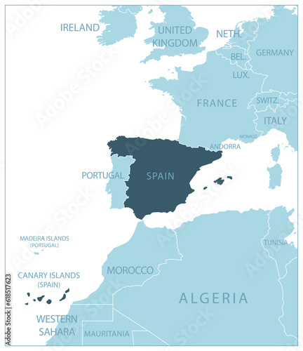 Spain - blue map with neighboring countries and names.