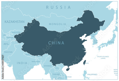 China - blue map with neighboring countries and names.