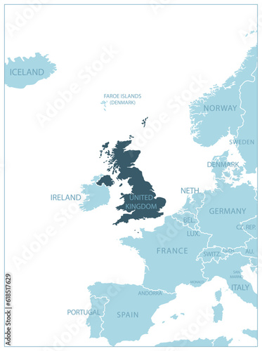 United Kingdom - blue map with neighboring countries and names.