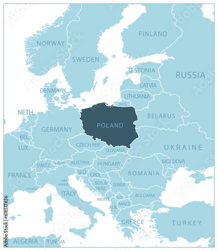 Poland - blue map with neighboring countries and names.