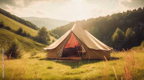glamping glamorous tent in idyllic scenery, Generative AI