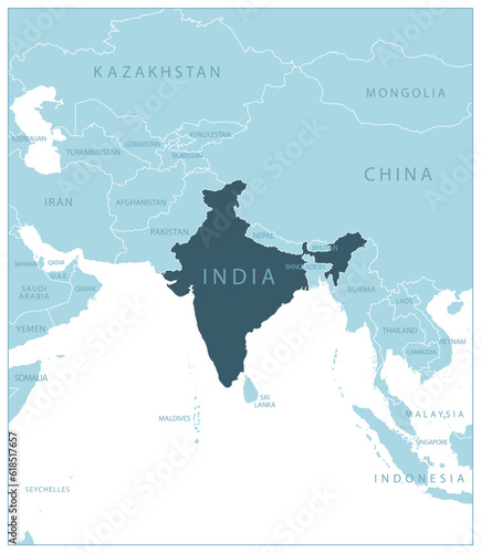 India - blue map with neighboring countries and names.
